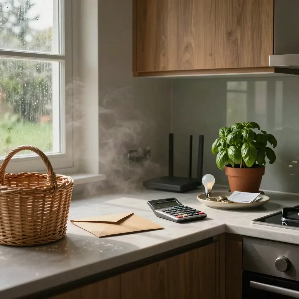 Cucina italiana con cestino, calcolatrice, router e basilico, luce dell’alba dopo la pioggia.