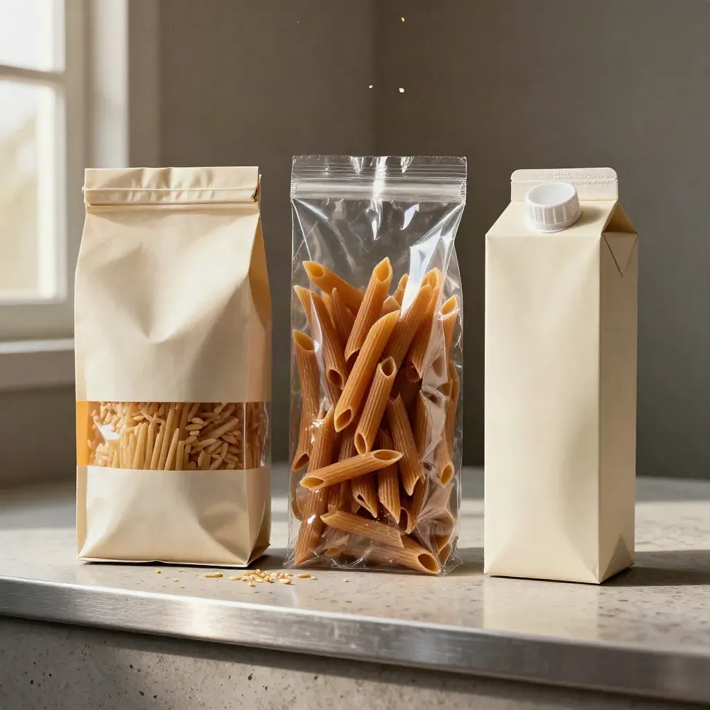 Tre confezioni minimal di pasta su travertino, in confronto prezzi, con luce soffusa.