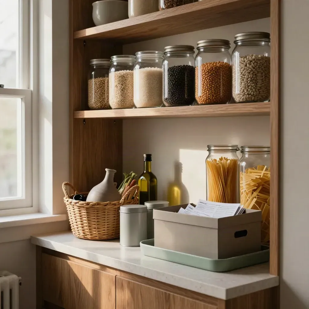 Dispensa ordinata con barattoli, cesto e scatola archivio, luce calda del pomeriggio.