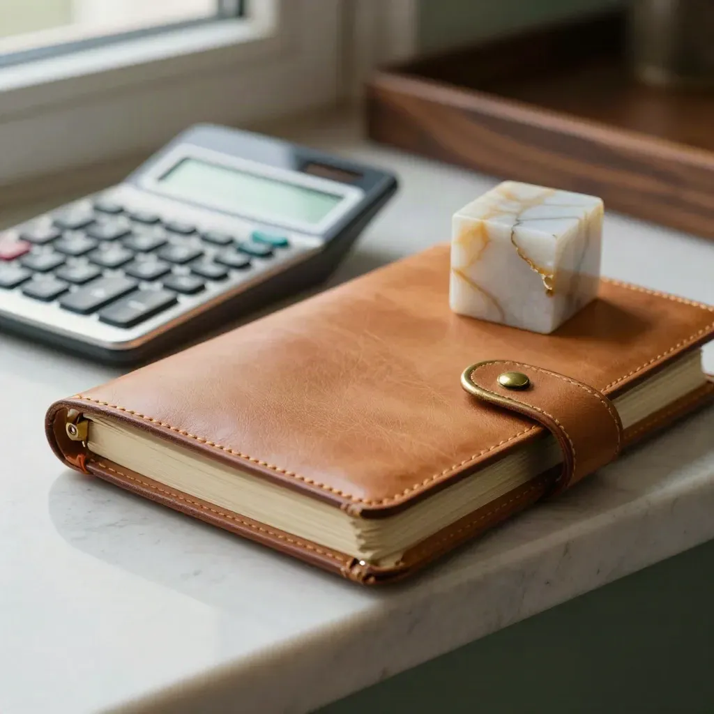 Notebook in pelle, calcolatrice sottile e fermacarte in travertino su ledge di travertino