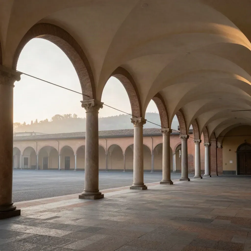 Portici di Bologna al tramonto con collina sullo sfondo e piazza silenziosa